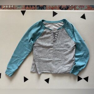Justice|Big girl Heather gray/blue sweatshirt with tie detail,size 8•Soft lounge